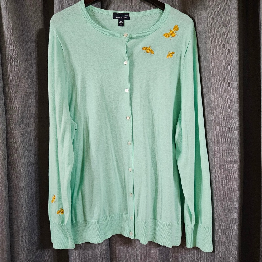 Lands End Mint Green Bee Embroidered Supima Cotton Cardigan Sweater Womens 2X